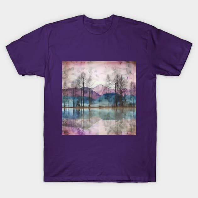 Chalky Distressed Purple Mountain Lake with Trees T-Shirt by The Art Mage